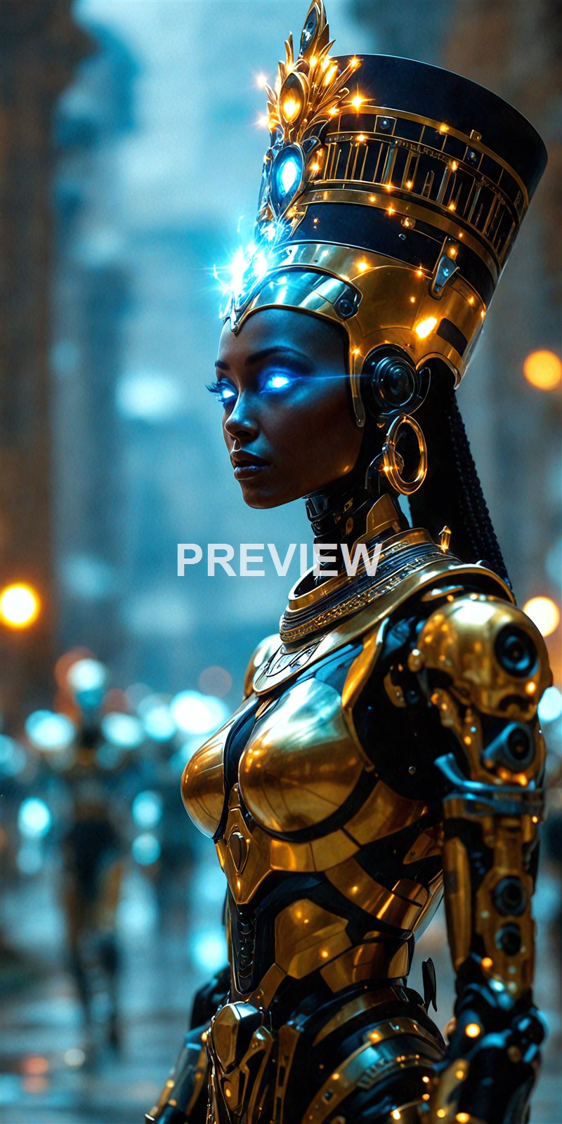 A highly detailed humanoid robot or cyborg with a female face, glowing blue eyes, and elaborate gold and black metallic armor, standing in a futuristic or sci-fi setting with blurred background lights.